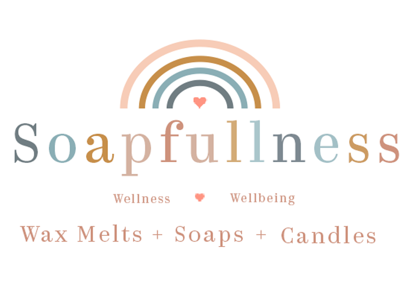 Soapfullness logo blue and brown rainbow logo with wax melts, soap and candles